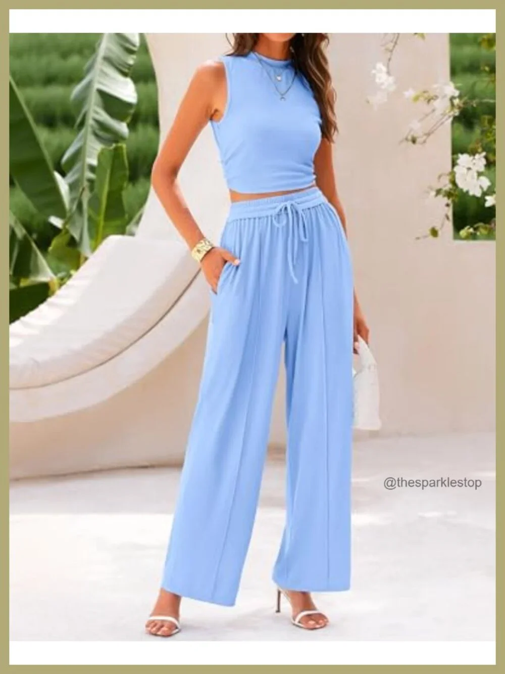 Ribbed Knit 2 Piece Outfit Wide Leg Pants Lounge Set Sleeveless Travel